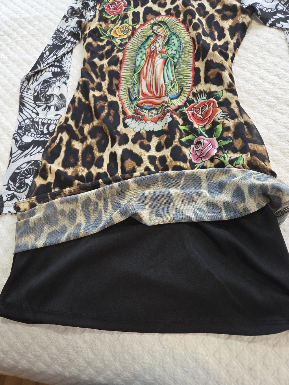 Ed Hardy Dolls Kill Sz Small Leopard Mesh Bodycon Mini Dress Virgin Mary Graphic - Picture 9 of 12